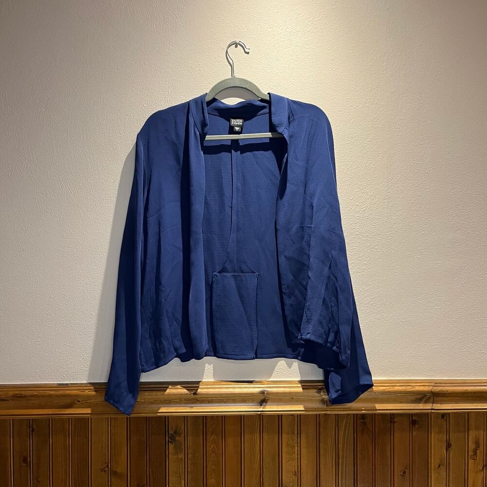 Eileen Fisher Silk Open Front Blazer Sz M Blue Lagenlook Casual Career